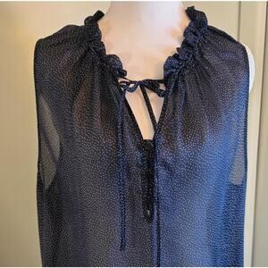 LOFT Sheer Sleeveless Blouse in Navy Blue and White Polka Dots Women's Size XL.